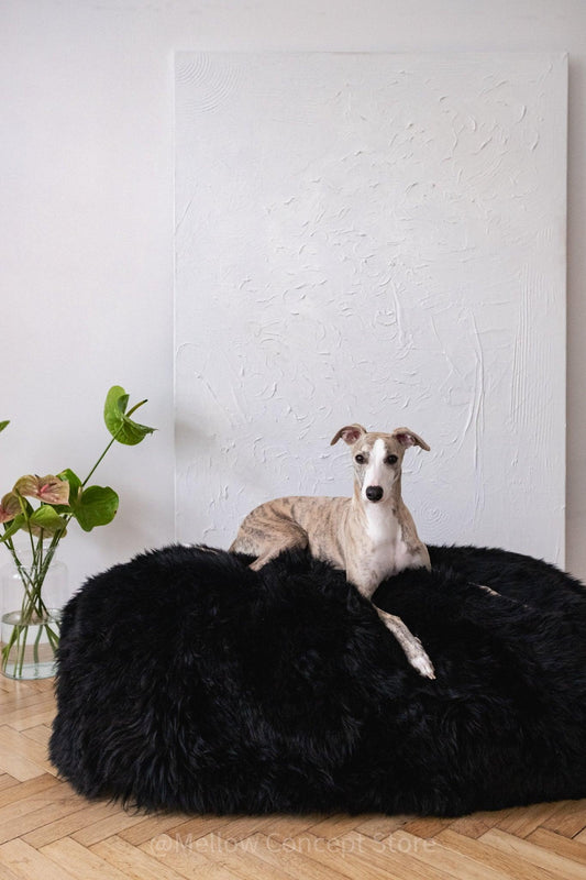 Panier pour chien oval en peau de mouton naturelle - Noir
